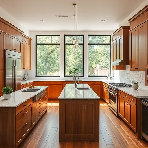Remodeled Bouldin Creek TX kitchen with granite countertops stainless steel appliances custom wood cabinetry large island pendant lights intricate tile backsplash hardwood flooring greenery outside natural light