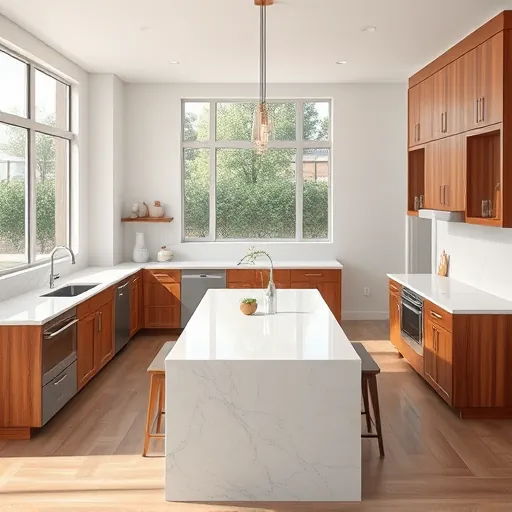 Modern remodeled kitchen in Lost Creek TX with quartz countertops stainless steel appliances warm wood cabinets marble island and natural sunlight