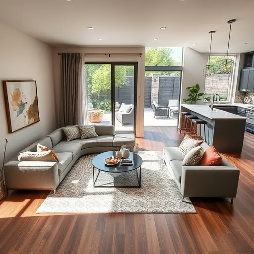 Renovated living room in Driftwood TX with modern decor, hardwood floors, natural light, and open kitchen design.