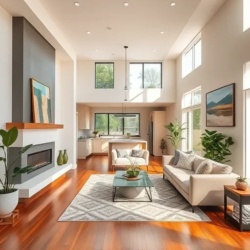 Renovated living room in Zilker TX with high ceilings, natural light, hardwood floors, modern decor, and cozy fireplace.