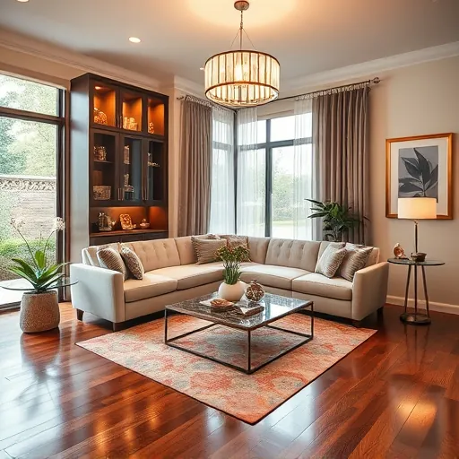 Modern Tarrytown TX living room with custom cabinetry, a cozy sofa, hardwood floors, and bright chandelier.