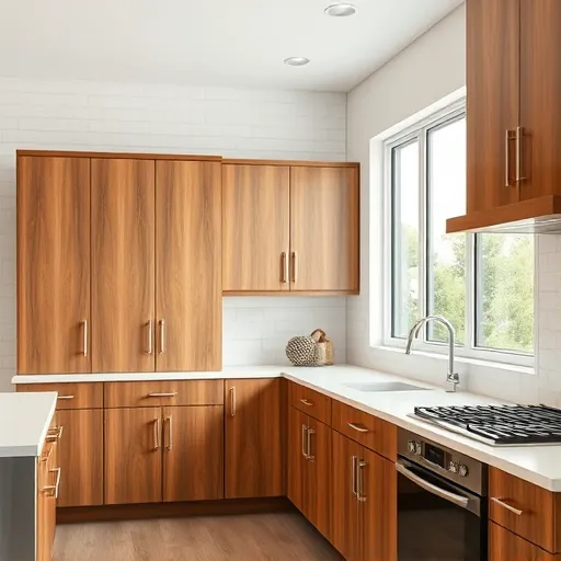 Refaced kitchen cabinets in Austin TX with warm wood, polished hardware, sleek design, and modern kitchen background