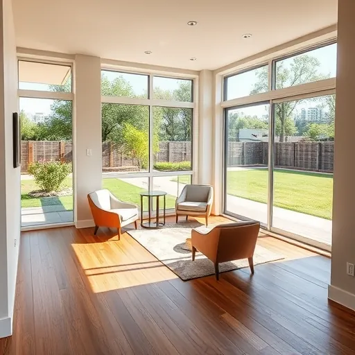 Sunny modern room addition in Austin with large windows showcasing city skyline, lush greenery, hardwood floors, and stylish furnishings