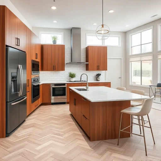 Renovated Steiner Ranch kitchen with warm wood cabinetry, marble island, stainless steel appliances, subway tile backsplash, and bright open layout