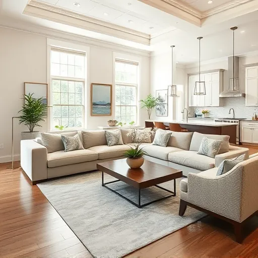 Elegant living room in Zilker TX features modern furnishings, natural light, and seamless flow to a chic kitchen.