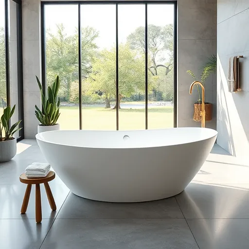 Modern white freestanding bathtub in Austin with brass faucet, wooden stool, lush Texas landscape view, and minimalist decor