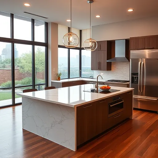Completed modern Austin kitchen with polished marble island, stainless steel appliances, hardwood floors, and natural light