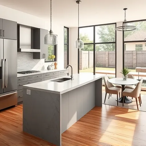 Modern remodeled Hyde Park TX kitchen with matte cabinets quartz countertops stainless steel appliances island natural stone backsplash hardwood floors large windows