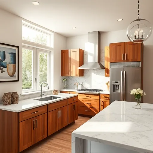 Modern kitchen in Sunset Valley TX featuring high-end appliances, wooden cabinets, and a marble countertop with ambient lighting.