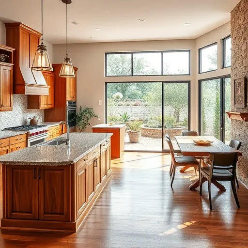 Modern kitchen remodel in Oak Hill TX featuring granite counters, stainless steel appliances, warm wood cabinetry, and dining area.