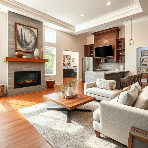 Modern living room in Hyde Park TX featuring hardwood floors, fireplace, and an open-concept kitchen with sleek design.