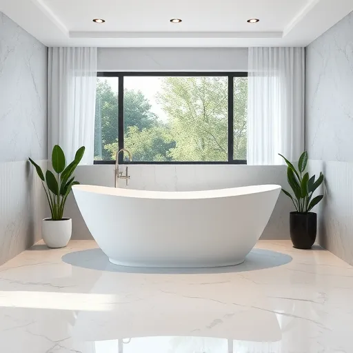 Freestanding white bathtub with modern fixtures on marble floor in an elegant Austin Texas bathroom with natural light and greenery