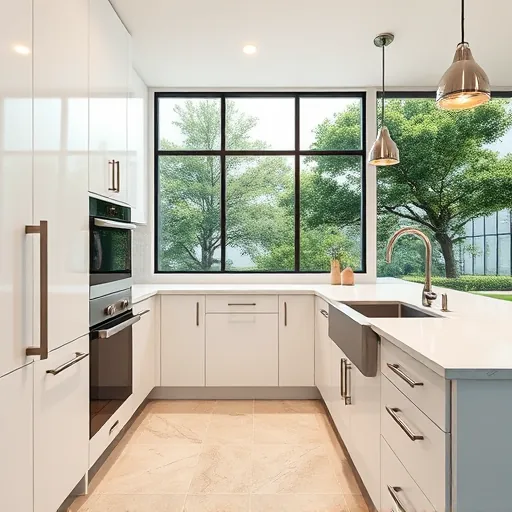 Remodeled Austin kitchen with sleek white cabinetry, quartz countertops, stainless fixtures, and large windows with greenery.