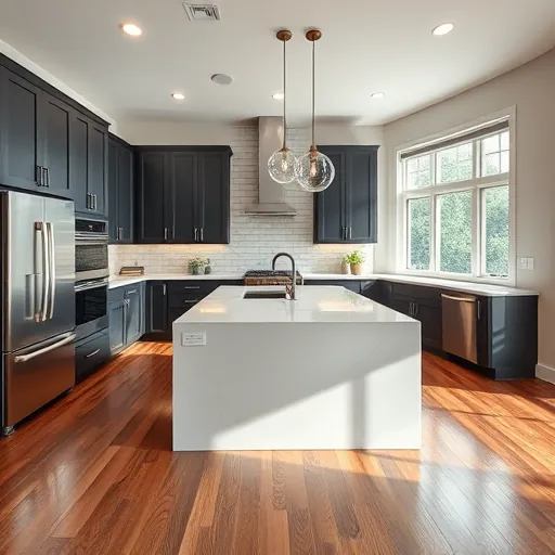 Remodeled Belterra Texas kitchen with black hardware, quartz island, stainless appliances, subway tiles and hardwood floors