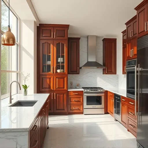 High-end custom wooden kitchen cabinet with intricate detailing in a modern Austin upscale kitchen featuring marble countertops and stainless steel appliances