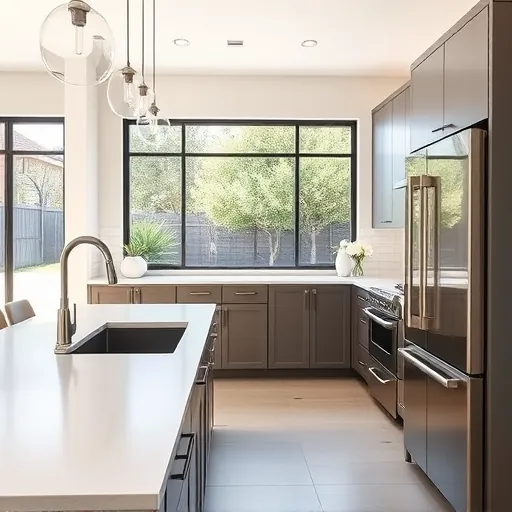 Modern Belterra kitchen with matte cabinets stainless appliances quartz countertops backsplash island lighting lush yard