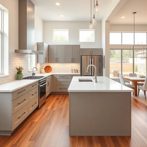 Recently renovated modern kitchen in Circle C Ranch TX with sleek cabinets, quartz island, stainless appliances, and warm hardwood floors