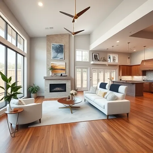 Spacious living room in Spanish Oaks TX features high ceilings, modern decor, cozy fireplace, and open-concept kitchen.