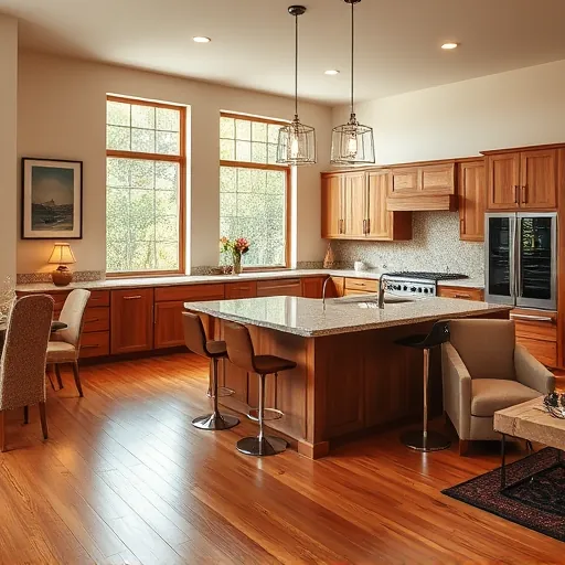 Elegant modern kitchen in Rough Hollow, TX with quartz countertops, custom cabinetry, and polished hardwood flooring.