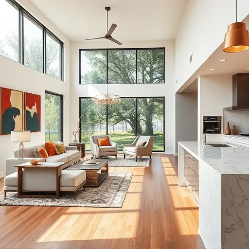 Modern living room in Austin showcasing sleek furniture, natural light, elegant decor, and a stylish kitchen.
