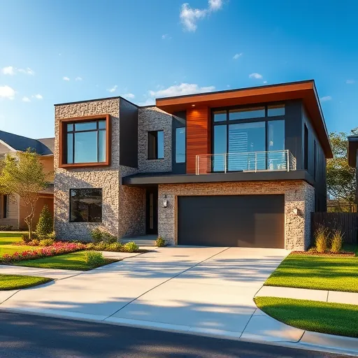 Modern custom-built home in Austin Texas with large windows natural stone and wood facade lush landscaped yard clear blue sky