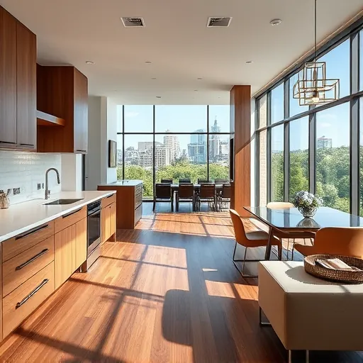 Recently completed Austin home remodel showing modern interior, sleek wood floors, large windows, city skyline views