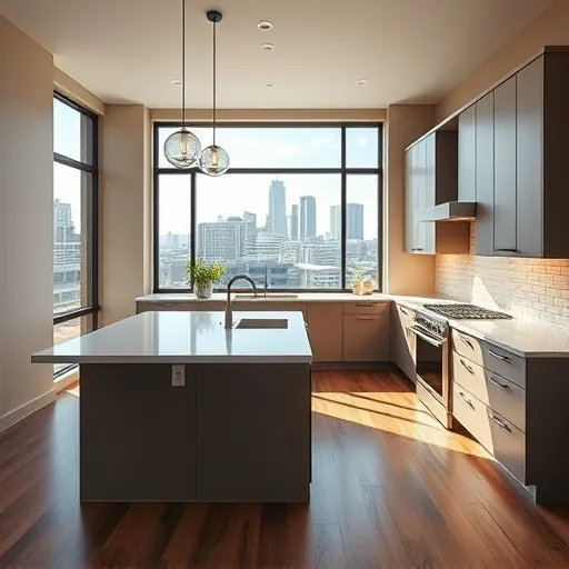 Modern Austin kitchen with sleek matte cabinetry, quartz countertops, stainless steel appliances, island, subway tile backsplash, hardwood floors, large windows.