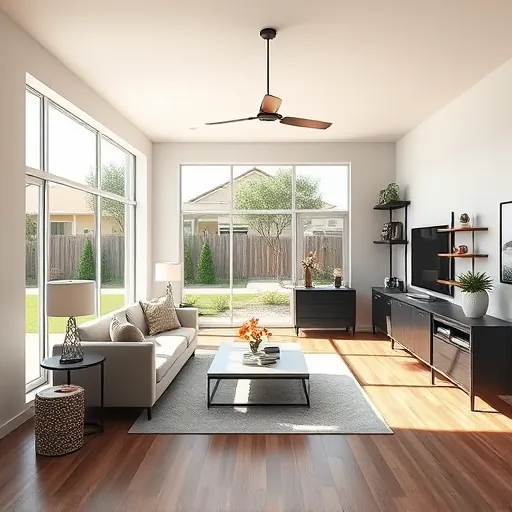 Modern Austin garage conversion with sleek drywall, large windows, hardwood floors, contemporary furniture, and lush greenery background
