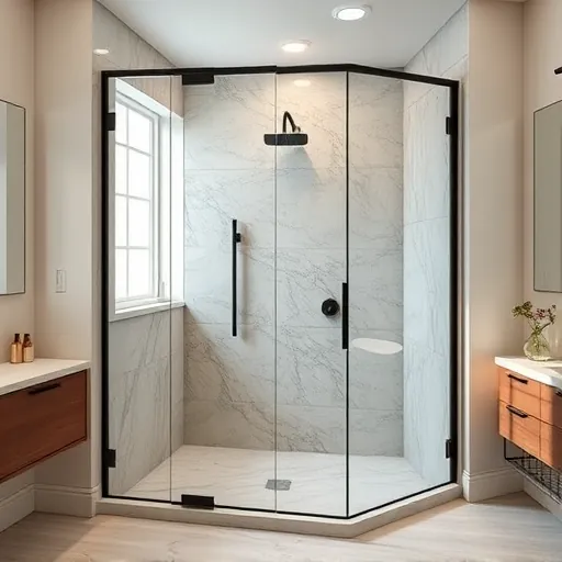 Completed walk-in shower in Austin with matte black fixtures, large glass, marble tiles, natural light, and modern design