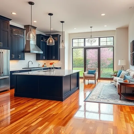 Modern kitchen remodel in Clarksville TX with granite countertops, navy cabinetry, hardwood floors, and bright open design.