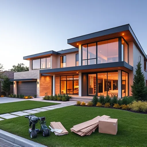 Modern Austin home with sleek design, large windows, lush landscaping, city skyline, and subtle construction details