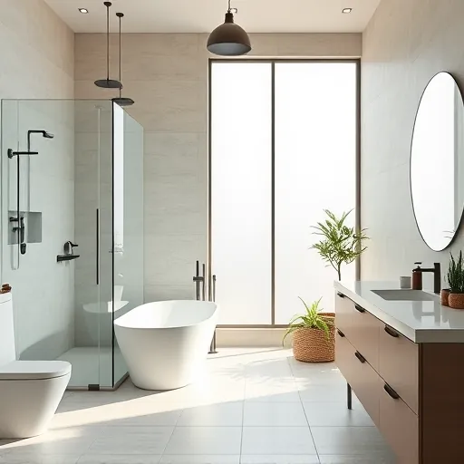 Remodeled Austin bathroom with modern fixtures, luxurious bathtub, glass shower, elegant vanity, natural light, plants, and neutral tones