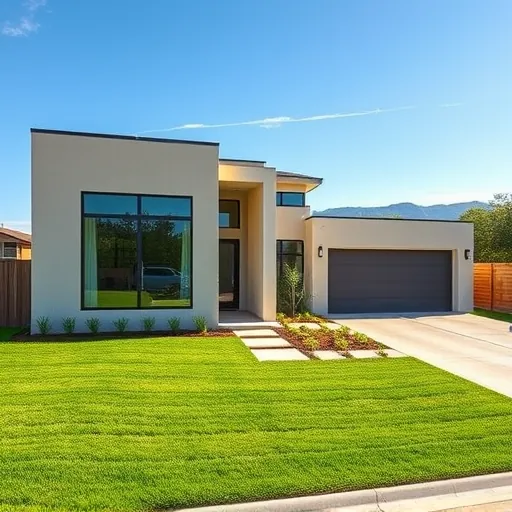 Modern Austin home with large windows, sleek design, lush lawn, native plants, on a clear day showcasing quality craftsmanship