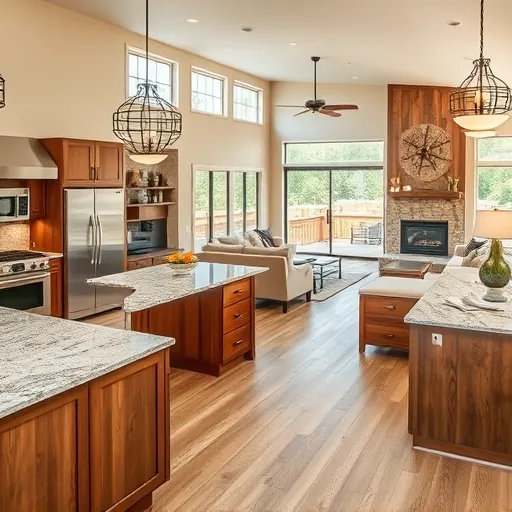 Completed home remodeling project in Dripping Springs TX featuring modern rustic kitchen and cozy living area with patio.