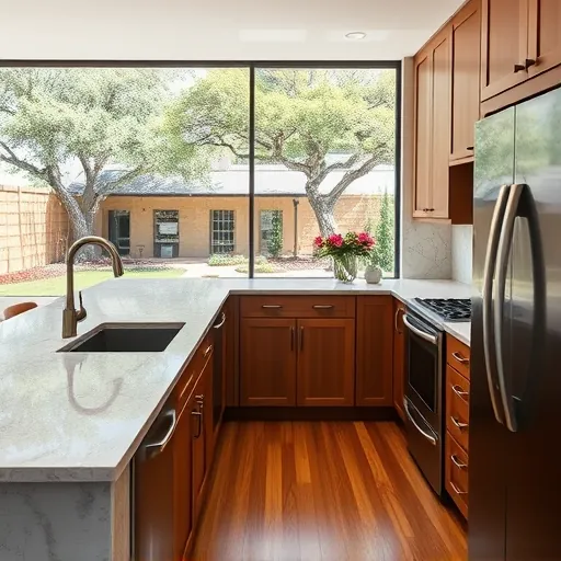 Remodeled Rollingwood TX kitchen with granite countertops stainless appliances warm wood cabinetry hardwood floors and lush backyard views