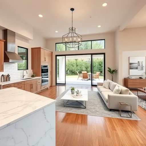 Modern living room in Falconhead TX with open floor plan, hardwood floors, large windows, and elegant decor.