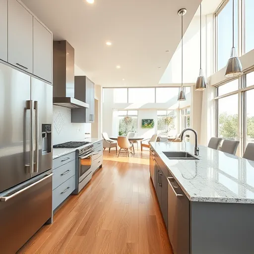 Finished modern kitchen in Bee Cave TX with granite counters, matte cabinetry, stainless appliances, hardwood floors and natural light