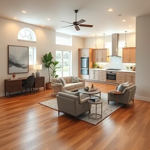 Modern remodeled living space in Lost Creek TX featuring hardwood floors, ambient lighting, and elegant decor.