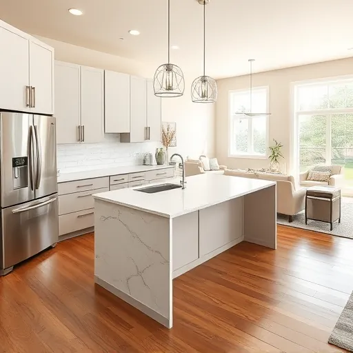 Remodeled Oak Hill Texas kitchen with modern matte cabinets stainless steel appliances granite island white subway tile hardwood floors and large windows