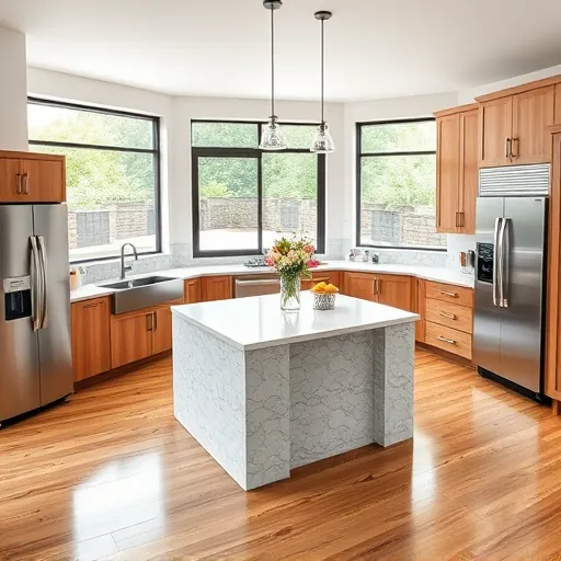Bright renovated Austin kitchen with quartz counters stainless appliances custom wood cabinets hardwood floors and lush backyard view
