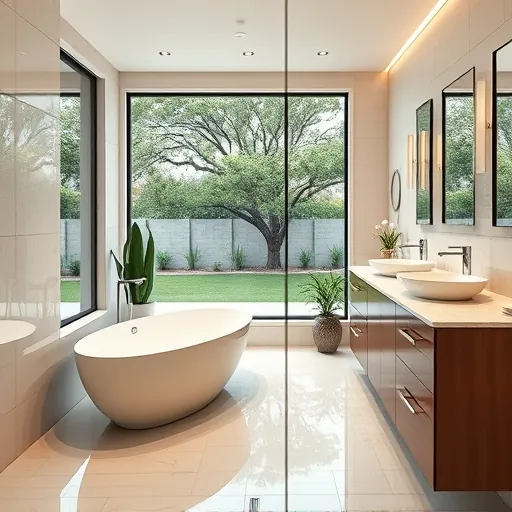 Renovated Austin bathroom with modern fixtures, freestanding tub, marble vanity, natural light, and lush outdoor view