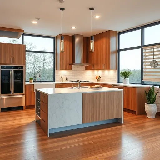 Renovated Brentwood TX kitchen with warm wood handleless cabinets, quartz island, stainless steel appliances, textured subway tile backsplash, polished hardwood floors, and large windows with scenic views