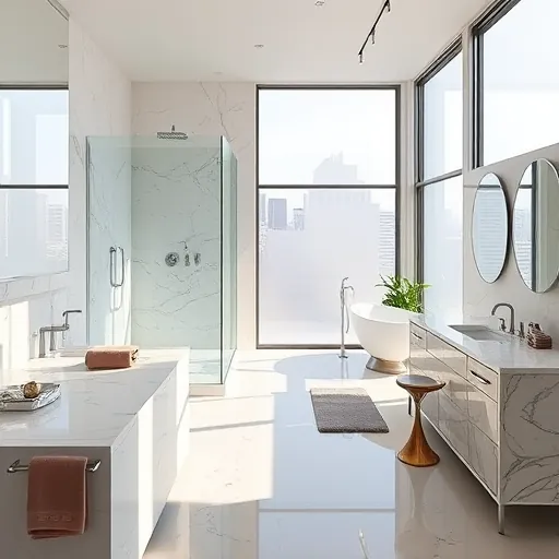 Luxurious Austin bathroom with glass shower, soaking tub, marble countertops, natural light, and city views
