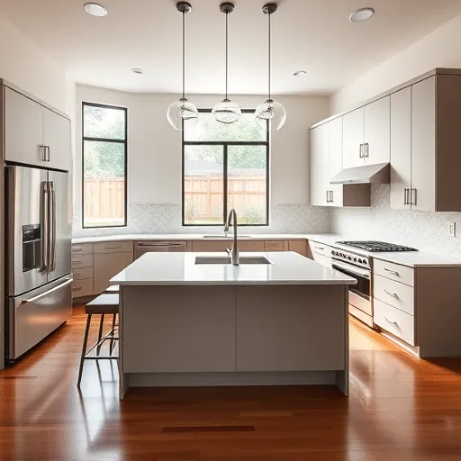 Modern kitchen remodel in Austin TX featuring sleek cabinetry, quartz countertops, and natural light enhancing the design.