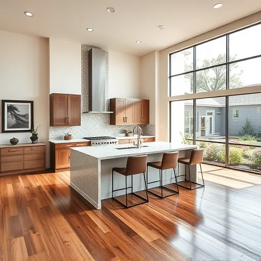 Modern open-concept living area in Kyle TX featuring polished hardwood floors, high ceilings, and sleek kitchen island.