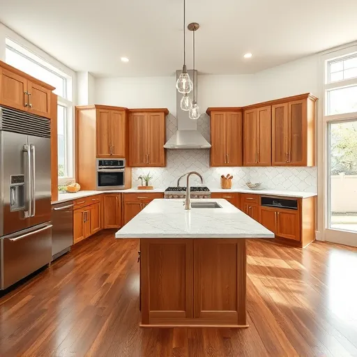 Completed modern kitchen in Travis County Texas with granite countertops stainless steel appliances custom wood cabinets large island and natural light