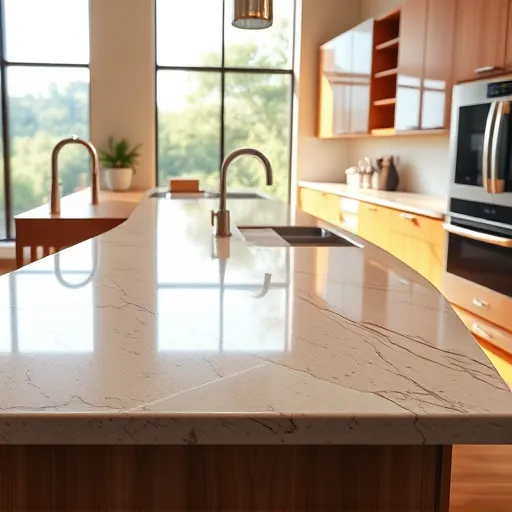 Close-up of a polished granite kitchen countertop with natural veining, warm wood cabinetry, stainless steel appliances in a bright Austin kitchen