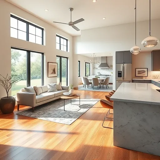 Home remodeling in Crestview TX features a modern living room with neutral decor, wood floors, and stylish kitchen.