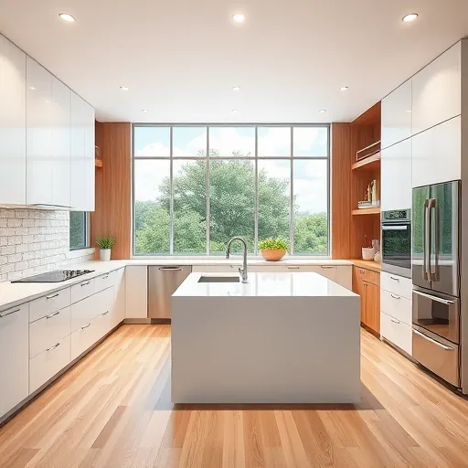 Modern Austin kitchen with white matte cabinets, warm wood accents, quartz countertops, stainless steel appliances, central island, natural wood flooring, recessed LED lighting, subway tile backsplash, large windows with greenery view, open shelving, and minimalist design.