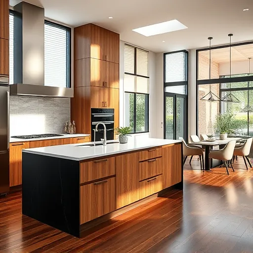 Modern Spanish Oaks TX kitchen with quartz countertops, black island, stainless steel appliances, warm wood cabinetry, and natural light